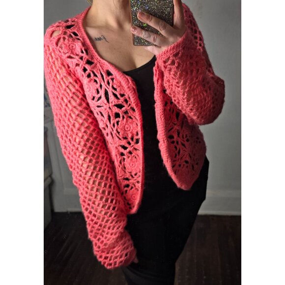 Hand Knit Crochet Pink Button Cardigan Sweater Knit Lagenlook - Picture 1 of 11